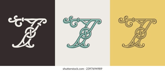 7 logo. Celtic number Seven monograms. Insular style initial with knots and interwoven cords. British, Irish, or Saxons overlapping monogram. Medieval font for tattoo, St. Patrick day, and sportswear.