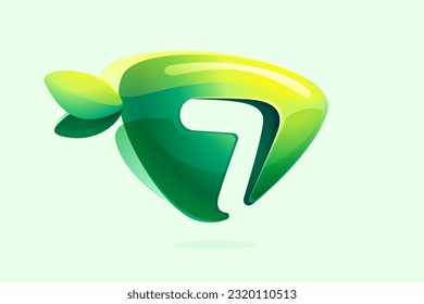 7 logo. Environment friendly number seven. 3D realistic icon cut out of triangle arrow shape. Watercolor forest eco logo with green leaves. Vector for play button, healthy food, agriculture adv.
