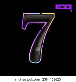 7 logo. Glossy black Seven number icon with vivid neon lines. Rainbow gradient badge for Super Sale banner. Colorful vector emblem for Special Price design, Discount Offer labels, Coupon Template.
