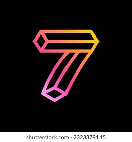 7 logo. Isometric number seven. Neon lights emblem. Multicolor gradient impossible lines design. Cubic bright icon for blockchain labels, nightlife headlines, futuristic posters, NFT advertisement.