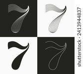 7 logo. Luxury wedding number seven. Elegant classic serif font made of thin parallel lines. Decorative vintage emblem for Super Sale. VIP calligraphy for luxury Victorian invitation, lingerie card.