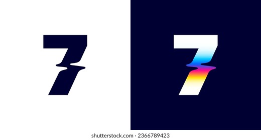 7 logo. Number seven with color glitch. Neon double exposure style. Multicolor gradient sign with hologram and illusion effect. Glowing color shift vector icon for nightlife labels, game screens.