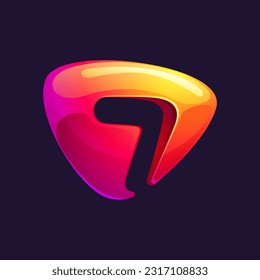 7 logo. Number seven cut out of triangle sphere shape. Multicolor metallic arrow icon template. Abstract vector design element. Perfect for play button, fintech identity, sport emblem, delivery app.