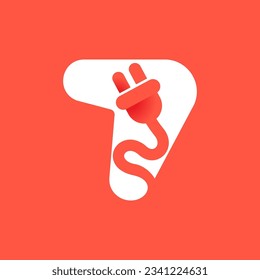 7 logotipo. Número siete con logotipo de enchufe eléctrico. Icono negativo de la tecnología espacial. Concepto de energía eléctrica. Vector de identidad de vehículos eléctricos, vehículos híbridos ecológicos, punto de carga y accesorios.