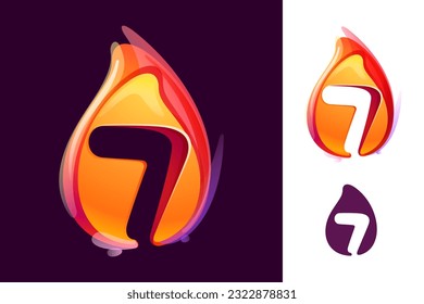 7 logo. Number seven in fire flame. Negative space 3D realistic icon. Vibrant initial in overlapping watercolor style. Vector watercolor font for danger labels, warning posters, sport identity.