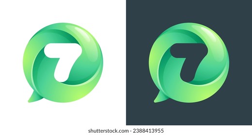 7 logo. Number seven inside speech bubble with swirl pattern. Negative space style icon. Colorful gradient emblem for social media app, call center, online message, feedback icon, telemarketing screen