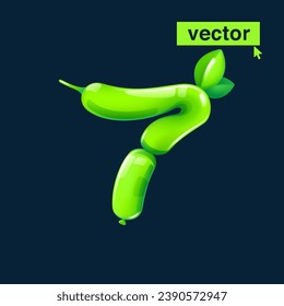 7 logo. Number seven made of twisted balloons. Eco-friendly realistic 3D render with green leaves. Vector elements in cartoon style. Perfect for nature banner, healthy food labels, garden, and grass.