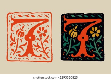 7 logo. Number seven medieval grunge gothic initial. 16th century engraved drop cap. Blackletter style vintage font. Middle Ages capital icon with floral ornament. Vector square shaped calligraphy.