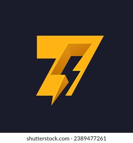 7 logo. Number seven with negative space lightning. Flash vector monogram. Electric bolt icon. Perfect type for energy labels, superhero print, rock music posters, delivery art, electromobile adv.