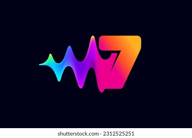 7 logo. Number seven logo with pulse music player element. Vibrant sound wave flow line and glitch effect. Neon gradient icon. Vector for techno store, electronic music, audio equalizer, DJ posters.