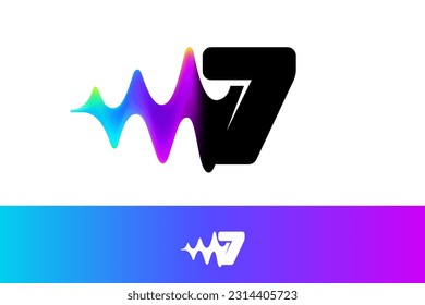 7 logo. Number seven with sound wave flow. Vibrant line glitch effect. Multicolor neon gradient icon. Vector font for audio label, multimedia advertising, DJ posters, game screens, music identity.