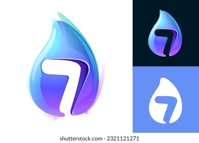 7 logo. Pure water drop number seven logo. Eco-friendly 3D realistic icon. Wild wave initial in overlapping watercolor style. Dew droplet for healthy drink bottle emblem. Font for filter, nature art.