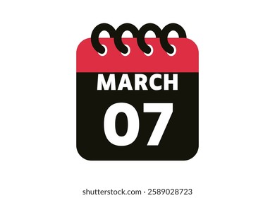 7 March calendar icon text page monthly web design on red, black and white background vector, icon, or illustration with the month of March 7
