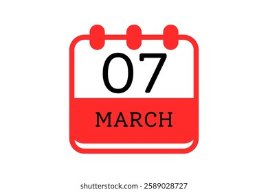 7 March calendar icon text page monthly web design on red, black and white background vector, icon, or illustration with the month of March 7