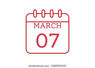 7 March calendar icon text page monthly web design on red and white background vector, icon, or illustration with the month of March 7