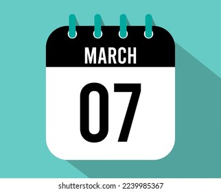 7 March calendar icon. Vector black for the month of March with shadow effect