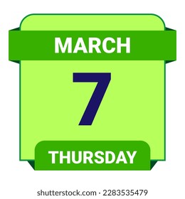 7 de marzo, jueves. Plantilla de fecha. Diseño útil para la promoción de calendarios o eventos. Ilustración vectorial Archivo EPS 10. Aislado sobre fondo blanco. 