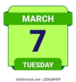 7 de marzo, martes. Plantilla de fecha. Diseño útil para la promoción de calendarios o eventos. Ilustración vectorial Archivo EPS 10. Aislado sobre fondo blanco.