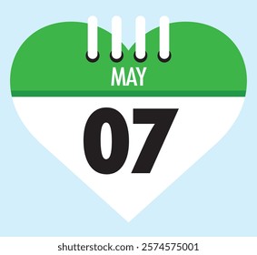 7 May calendar icon green heart shape on light sky blue color background, calendar vector symbol for the month of May.