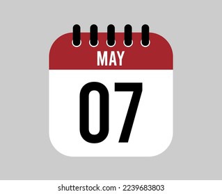 7 May calendar icon. Red calendar page vector for May days and weeks