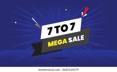 7 a 7 mega venta Web Anuncio Arte vectorial Plantilla de diseño de la insignia de la etiqueta blanco negro gris Formas texto en negrita luz azul oscuro sol brillo de fondo de negocios abstracto perfecto para promociones