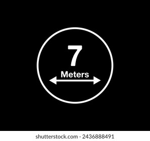 Icono de 7 metros de distancia. Medición vectorial en metros, círculo blanco aislado sobre fondo negro