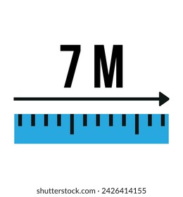 7 meters ruler icon. Vector measure blue scale, size and length isolated on white background