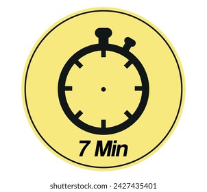 7 minutes stopwatch symbol. Timer sign icon yellow and black isolated on white background