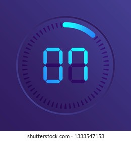 The 7 minutes, stopwatch vector icon, digital timer. Vector digital count down circle board with circle time pie diagram. Watch outline style design, designed for web and app.