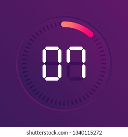 The 7 minutes, stopwatch vector icon, digital timer. Vector digital count down circle board with circle time pie diagram. Watch outline style design, designed for web and app.