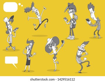 7 Modern cartoon characters in grayscale using their cell phones