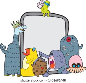 7 monsters themes Standing in front of the board  background, vector illustration