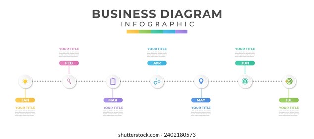 7 Month Timeline diagram calendar with step options, presentation vector infographic. Infographic template for business.