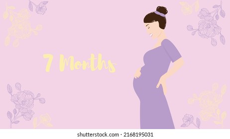 7 months of pregnancy. Portrait of young happy woman waiting for her child born, vector illustration. Pregnant woman expecting to be a mother