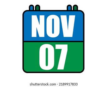 7 November calendar. Blue and green calendar page for November days. Vector isolated on white background.