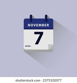 Icono del vector plano del calendario del 7 de noviembre. Calendario de noviembre con sombra, papel doblado sobre fondo claro. La alta resolución es muy fácil de editar