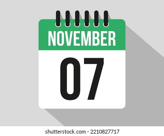 icono vectorial del calendario 7 de noviembre. Noviembre verde de los días del mes y la semana