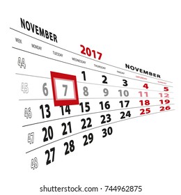 7 November highlighted on calendar 2017. Week starts from Monday. Vector Illustration.