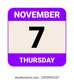 7 de noviembre, jueves. Plantilla de fecha. Diseño útil para la promoción de calendarios o eventos. Ilustración vectorial Archivo EPS 10. Aislado sobre fondo blanco. 