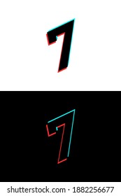 7 number font made of glitch, stereo effect. Dynamic, split red and blue color. For dj logo, electromusic posters, bright logo and more. Vector illustration