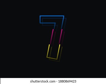 7 number font, vector design logo. Dynamic, split-color, blue, pink, yellow on black background. Eps10 illustration