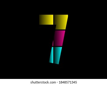 7 number font, vector logo made of Cmyk color. Dynamic split blue, pink, yellow color on black background. For social media,design elements, creative poster, web template etc.                       