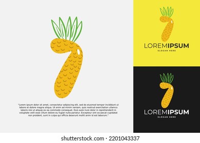 7 Number logo made of pineapple. Fruit handmade calligraphy for agricultural identity, restaurant cards, kids t-shirt, summer prints, etc