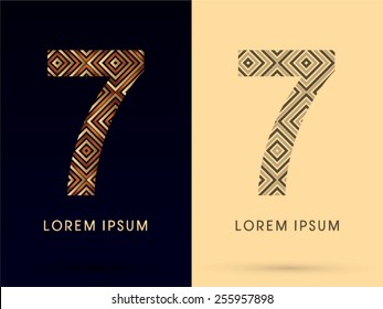 7 ,Number ,Luxury font, designed using gold and brown bronze line square geometric shape with black and white tone, logo, symbol, icon, graphic, vector.