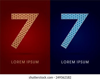 7 ,Number ,Luxury font,designed using gold and silver geometric on dark red and dark blue background,concept shape from screws,hexagon, honeycomb,jewelry,gems, logo, symbol icon,graphic,vector.