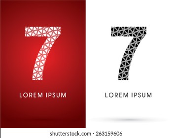 7 ,Number, Modern font, designed using white and black triangle geometric shape. on red and white background, ,logo, symbol, icon, graphic, vector.