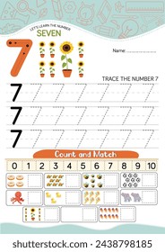 7, Number Seven worksheet for kids, Number tracing worksheet, pencils Number sketch, game worksheet backdrop template