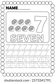 7, Number Seven.Lemon or lime.Number tracing worksheet for kindergarten.Preschool math practice.Coloring page.Kids learning.Activity for children.Book page with outline.Cartoon vector illustration.