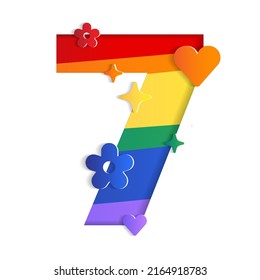 7 Caracteres numéricos Abstract White Lively Flor Heart Sparkle Shine Pride Mes LGBTQIA+ Arcoiris ​ colorido Rojo Amarillo Violeta Azul Verde Azul Marrón Tarjeta de recorte de papel 3D Ilustración