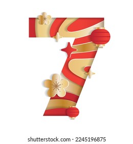 7 Numeric Number Chinese New Year Concept Character Font Letter Abstract Paper Flower Lantern Lunar Festival Element Sparkle Shine Gradient Gold Red 3D Paper Layer Cutout Card Vector Illustration